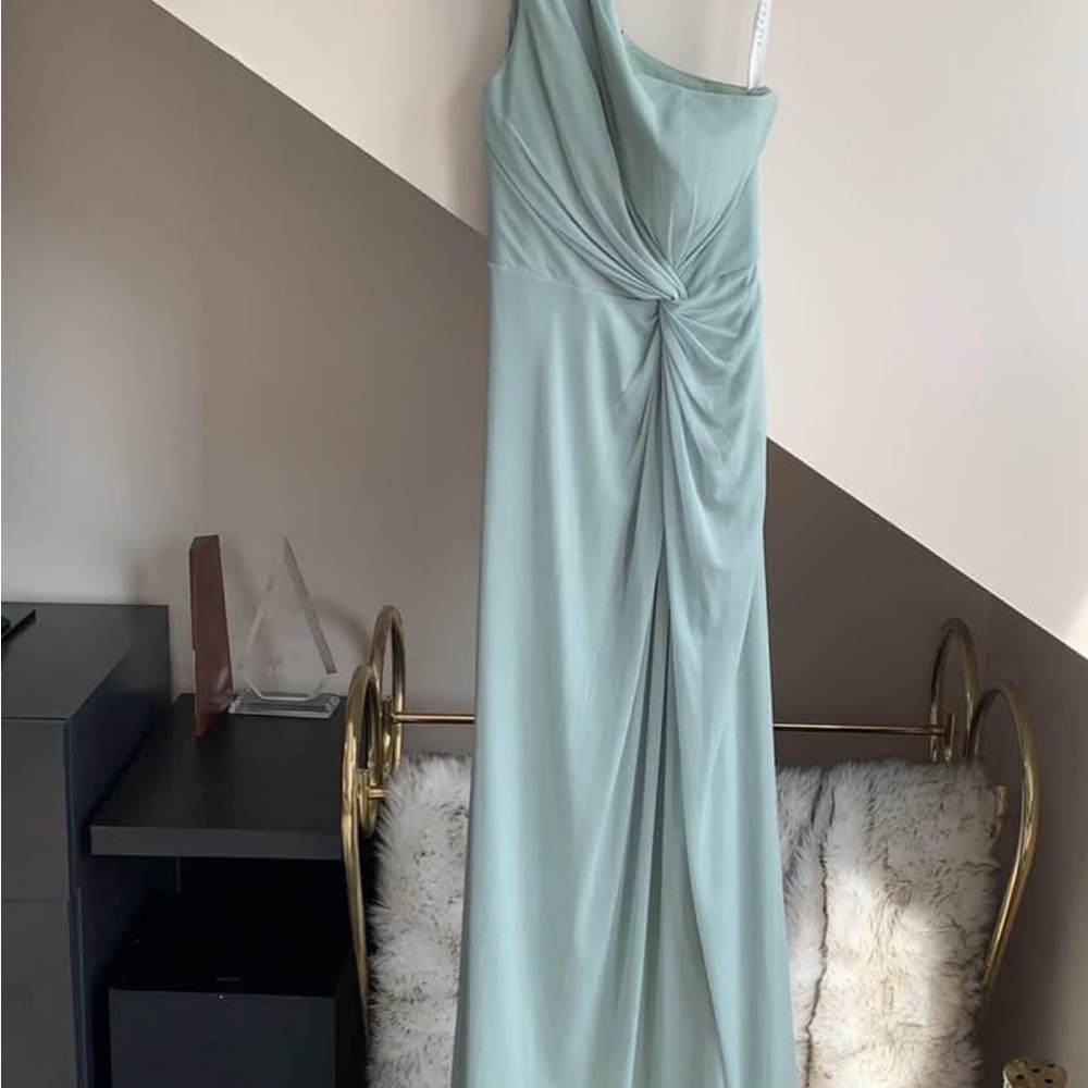 Azazie Green Ruched One Shoulder Gown